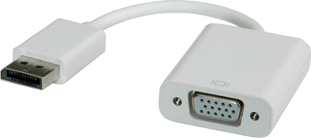 Ein weißer Adapter mit einem DisplayPort-Stecker und einem VGA-Buchse, geeignet für den Anschluss älterer Monitore an moderne Geräte.