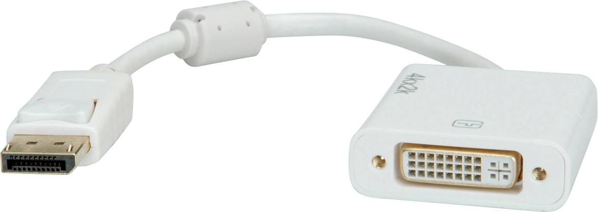 Ein weißer DisplayPort-zu-DVI-Adapterkabel mit einem DisplayPort-Stecker und einem DVI-Buchsenanschluss.