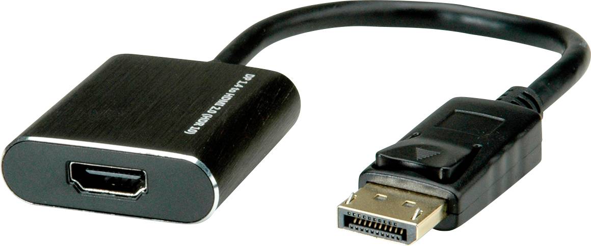 DisplayPort-zu-HDMI-Adapterkabel, schwarz, mit einem DisplayPort-Stecker auf der einen Seite und einem HDMI-Port auf der anderen.