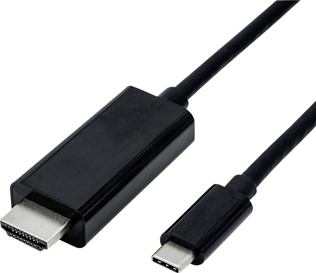 Ein schwarzes Kabel mit HDMI-Stecker auf USB-C-Stecker, das Geräte mit unterschiedlichen Anschlussarten verbindet.