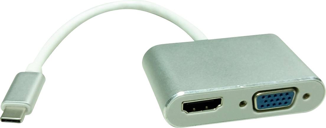 Ein silberner Adapter mit USB-C-Anschluss und HDMI- sowie VGA-Ausgang.
