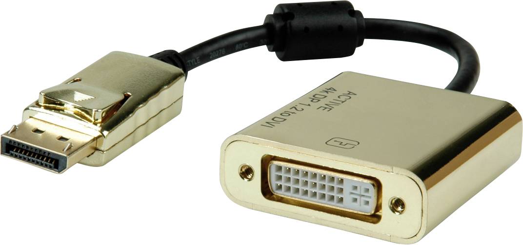 Goldener Adapter mit DisplayPort-Stecker und DVI-Buchse. Verbindet DisplayPort-Geräte mit DVI-Displays.