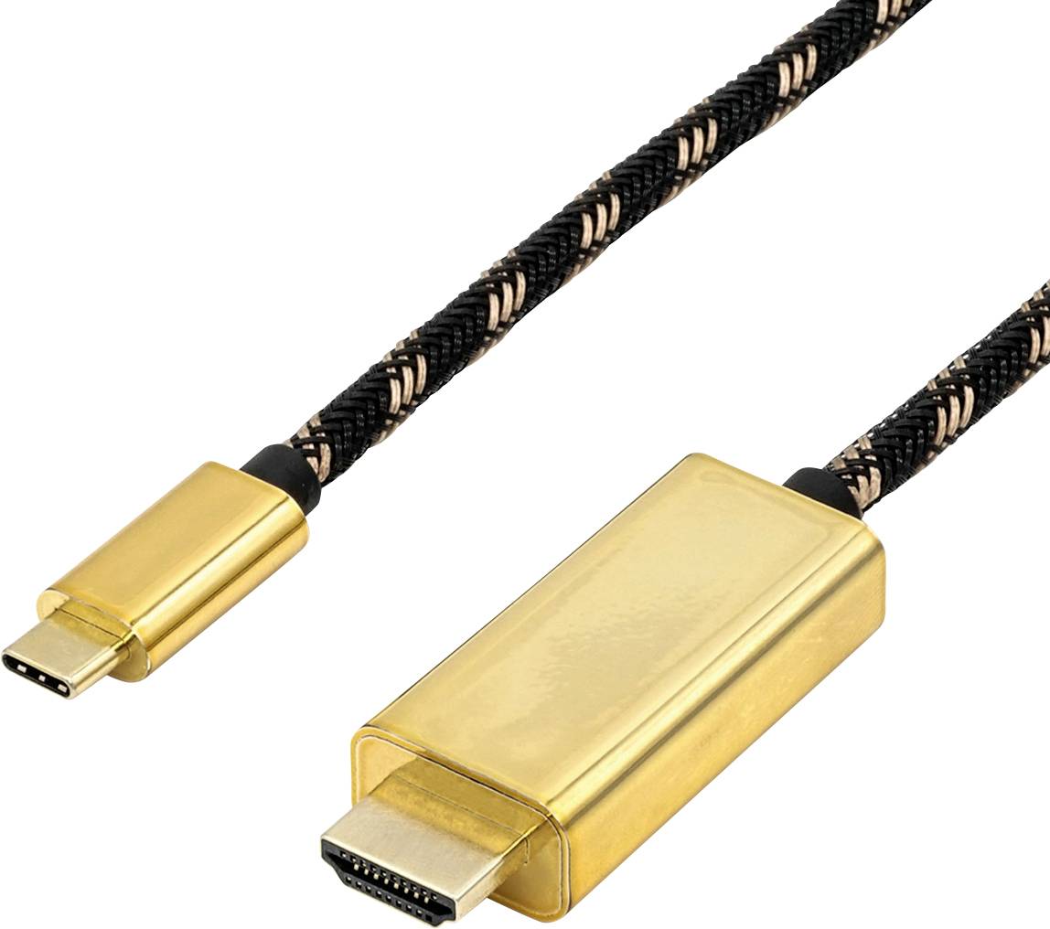 Ein goldfarbenes HDMI-auf-USB-C-Kabel mit einem geflochtenen Kabelmantel. Verwendet für den Anschluss zwischen Geräten.