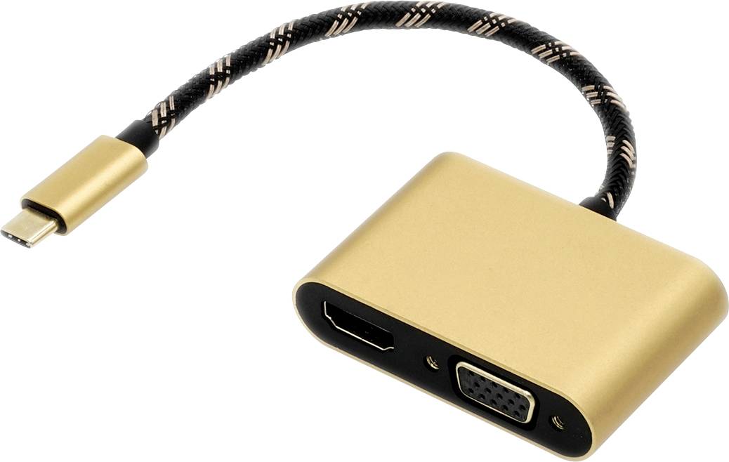 Ein goldener USB-C-Adapter mit HDMI- und VGA-Anschluss.