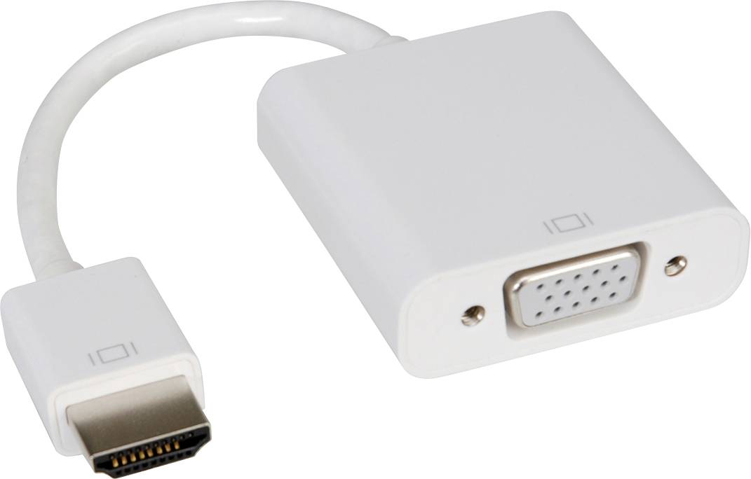Ein weißer Adapter mit HDMI-Stecker auf VGA-Buchse, geeignet zum Verbinden von Geräten mit unterschiedlichen Anschlüssen.