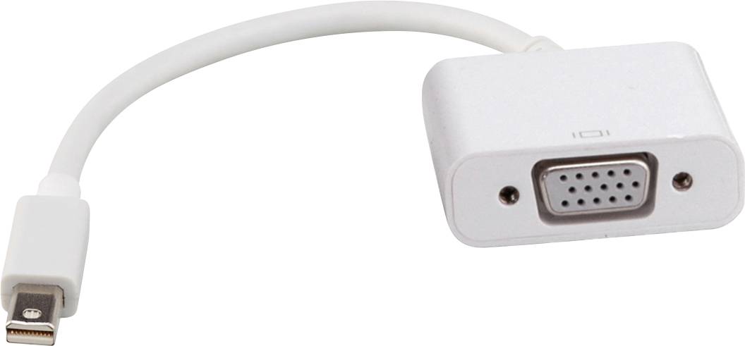 Mini DisplayPort-zu-VGA-Adapter mit weißem Kabel und VGA-Anschlussbuchse auf der rechten Seite, geeignet für ältere Bildschirme.