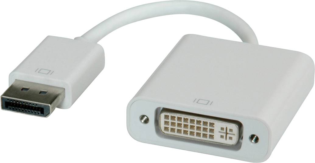 Ein weißer DisplayPort-zu-DVI-Adapter mit Stecker und Buchse, verwendet zur Verbindung von Computern mit Monitoren oder Projektoren.