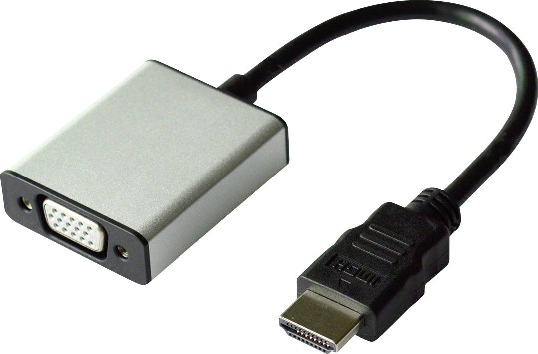 HDMI-zu-VGA-Adapter mit schwarzem Kabel und silbernem Gehäuse, verwendet zum Verbinden von HDMI-kompatiblen Geräten mit VGA-Bildschirmen.