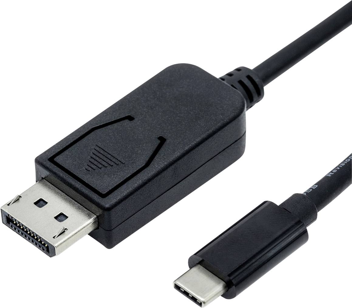 Ein schwarzes Kabel mit einem DisplayPort-Anschluss auf der einen Seite und einem USB-C-Anschluss auf der anderen.