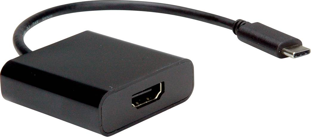 Ein schwarzer USB-C-zu-HDMI-Adapter mit einem kurzen Kabel, geeignet zum Anschließen von Geräten mit USB-C-Anschlüssen an HDMI-Displays.