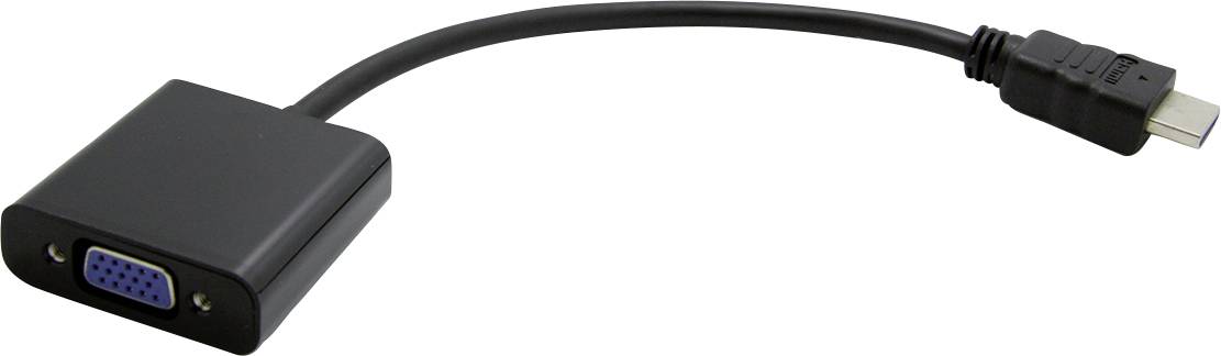 Schwarzer HDMI-zu-VGA-Adapterkabel, linkes Ende mit VGA-Anschluss und rechtes Ende mit HDMI-Stecker.