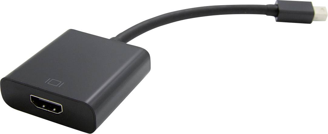 Ein schwarzer Adapter mit Mini DisplayPort-Anschluss auf HDMI-Buchse. Geeignet für die Verbindung von Computern mit HDMI-kompatiblen Displays.