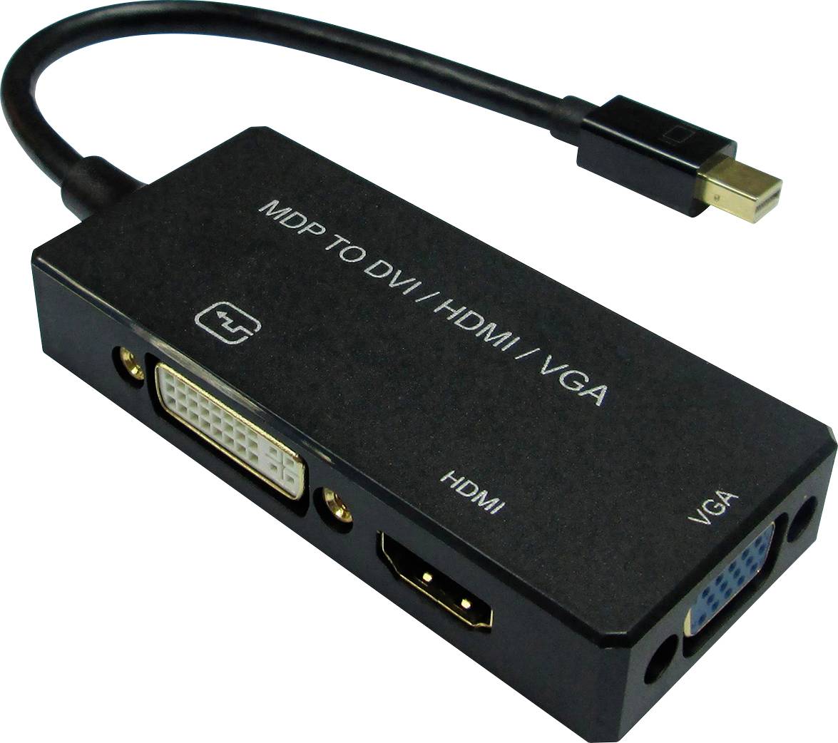 Schwarzer Adapter mit Mini-DisplayPort-Anschluss und drei Ausgängen: DVI, HDMI und VGA, für Monitore oder Projektoren geeignet.