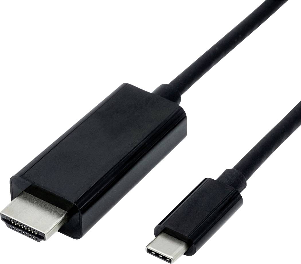Ein schwarzes Kabel mit HDMI- und USB-C-Anschlüssen, das Verbindungsmöglichkeiten zwischen verschiedenen Geräten darstellt.