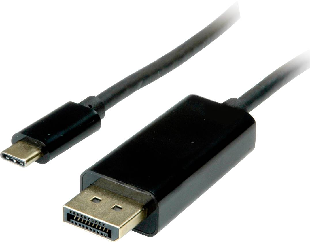 DisplayPort-Kabel mit USB-C-Anschluss auf einem weißen Hintergrund. Links der USB-C-Stecker, rechts der größere DisplayPort-Stecker.