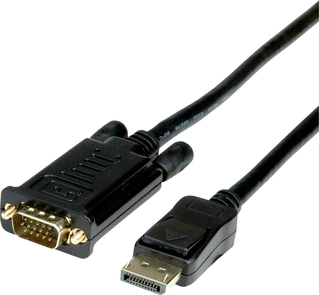 Ein VGA-zu-DisplayPort-Kabel zeigt die unterschiedlichen Anschlüsse an jedem Ende, geeignet für die Verbindung älterer Monitore zu neueren Computern.