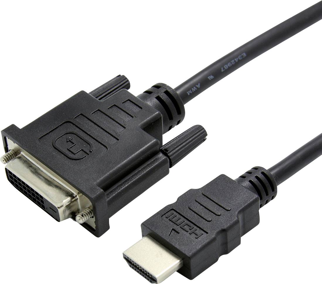 Ein schwarzes DVI-zu-HDMI-Kabel mit Stecker an beiden Enden. Das Kabel dient zur Verbindung zwischen zwei digitalen Geräten.