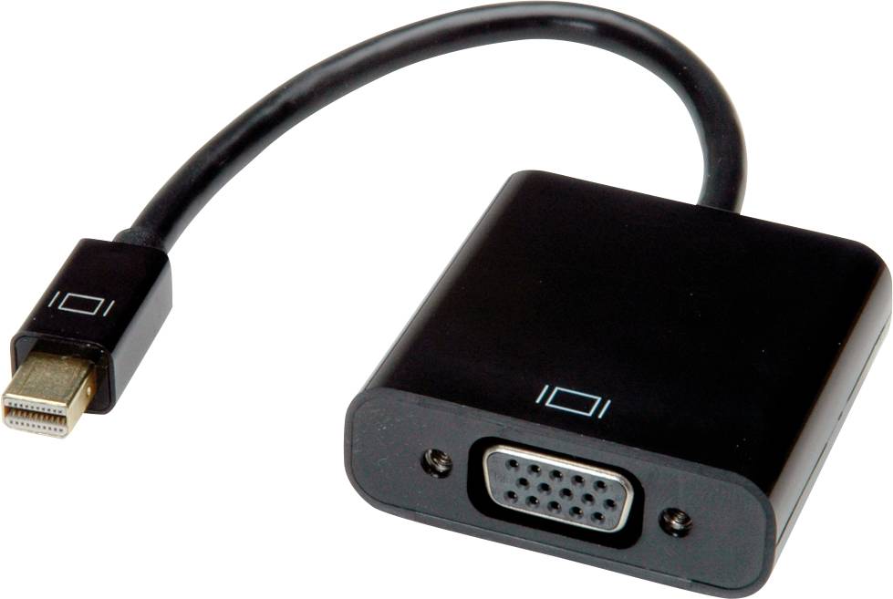 Mini DisplayPort auf VGA Adapter: Ein schwarzer Adapter mit einem Mini DisplayPort-Anschluss und einem VGA-Anschluss.
