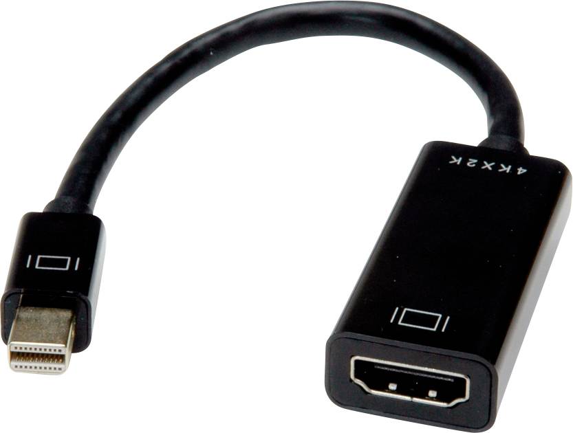 Ein schwarzer Adapter mit einem Mini DisplayPort-Stecker auf der einen Seite und einem HDMI-Anschluss auf der anderen Seite.