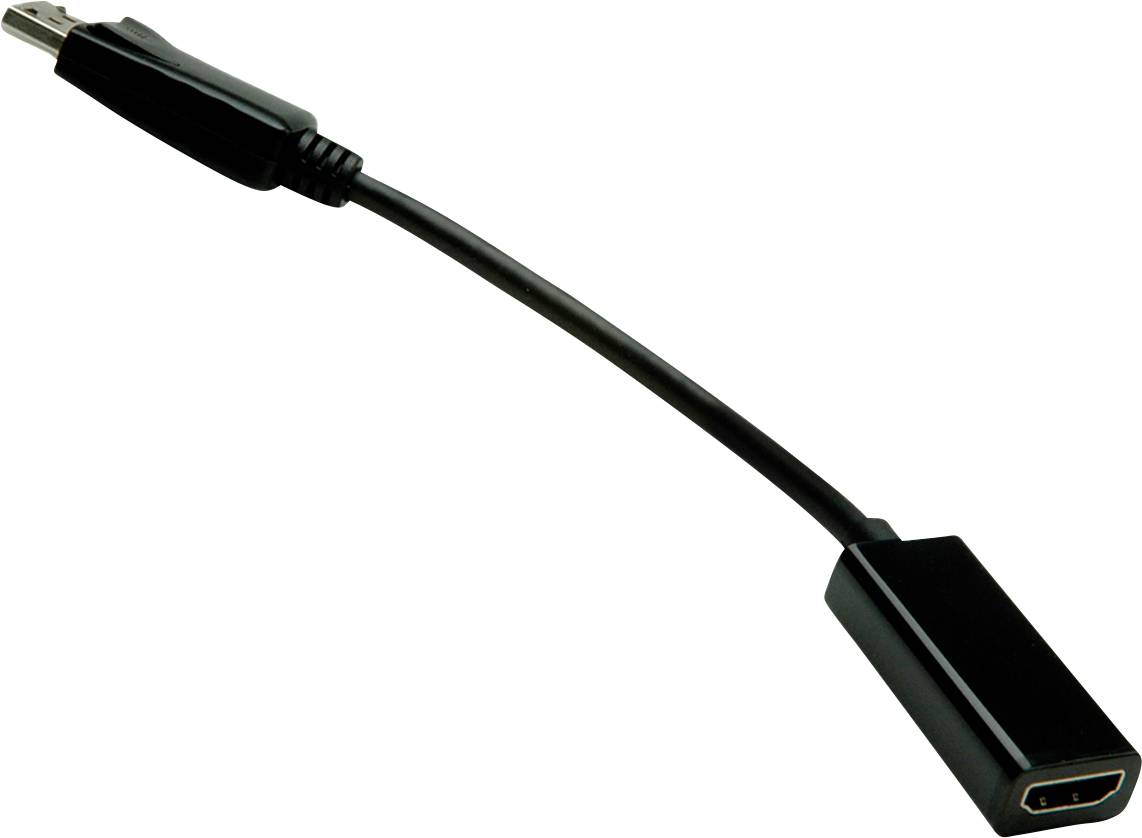 Ein schwarzes HDMI-Adapterkabel mit einer Buchse auf der rechten Seite und einem Steckverbinder links.