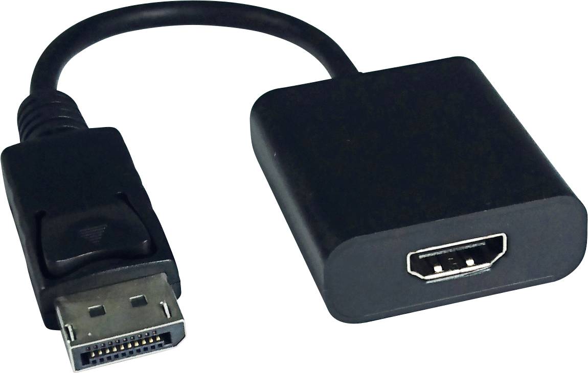 Ein schwarzer Adapter mit einem DisplayPort-Stecker und einer HDMI-Buchse zum Verbinden von Geräten mit unterschiedlichen Anschlüssen.