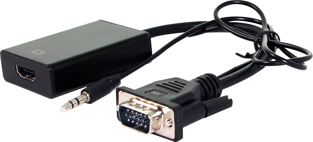 Schwarzer HDMI-zu-VGA-Adapter mit 3,5-mm-Audioanschluss, Kabel verbunden. Dient zur Konvertierung von HDMI-Signalen in VGA.