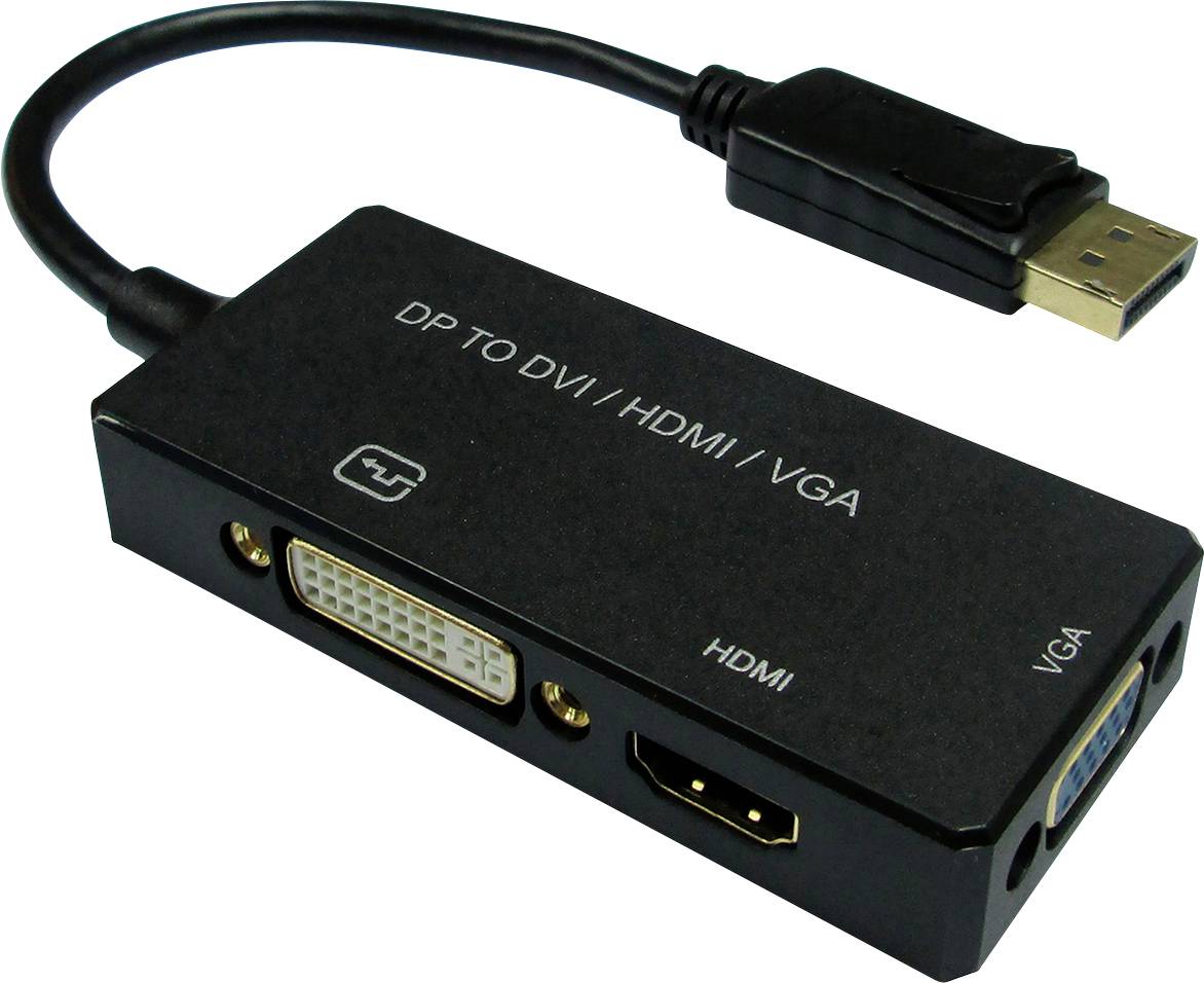 'DP zu DVI/HDMI/VGA Adapter' mit Anschlüssen für DVI, HDMI und VGA. Adapter zeigt Verbindungsmöglichkeiten von DP zu verschiedenen Monitoren.