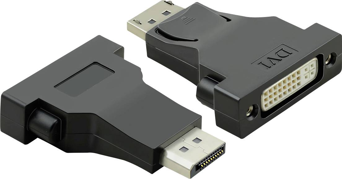 Schwarzer Adapter mit DisplayPort-Stecker und DVI-Buchse, geeignet für die Verbindung von Computern zu Monitoren oder Projektoren.