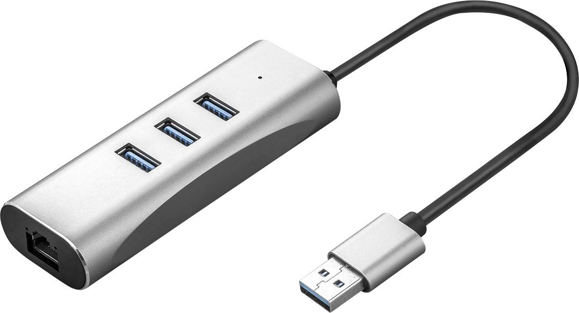 Ein silberner USB-Hub mit drei USB 3.0-Anschlüssen und einem Ethernet-Anschluss, verbunden mit einem USB-Kabel.