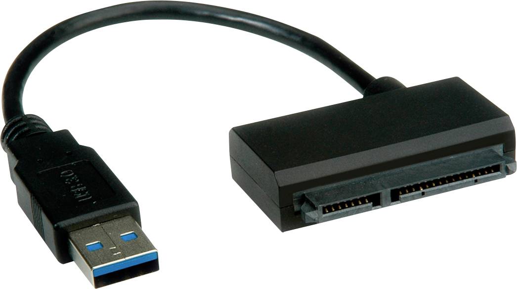 Ein schwarzes Kabel mit USB-3.0- und SATA-Anschluss, zum Verbinden von Festplatten mit Computern. Ideal für externe Speicherlösungen.