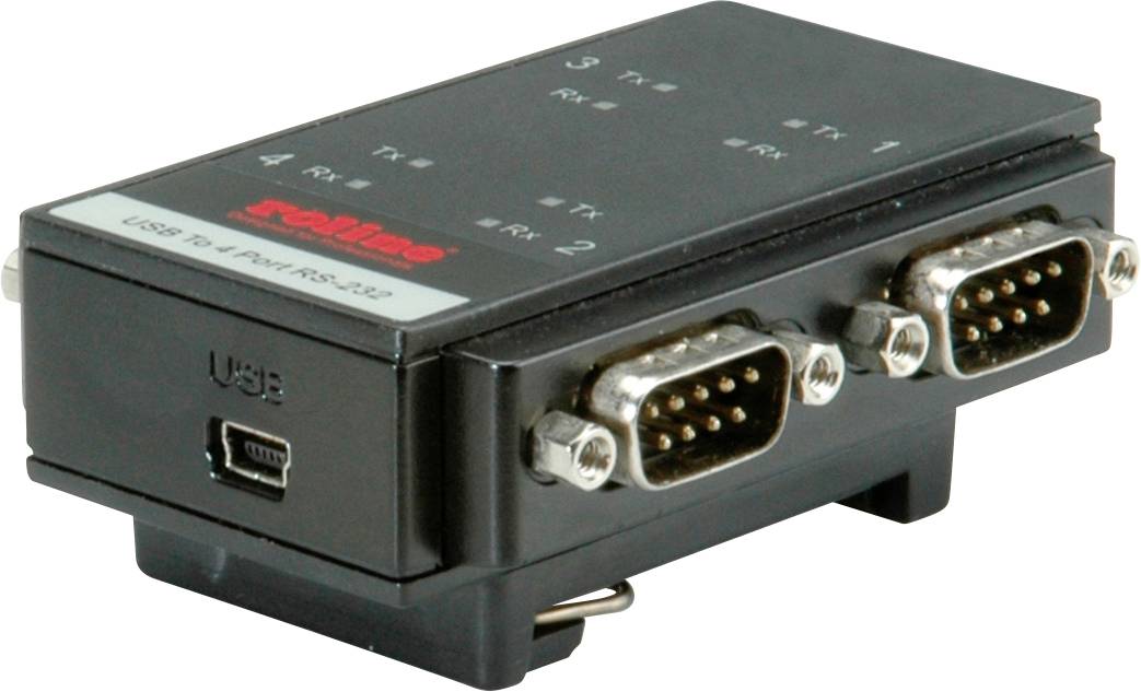 Schwarzer USB-zu-4-Port RS232-Adapter mit vier DB9-Anschlüssen und einem Mini-USB-Anschluss, geeignet für serielle Verbindungen.