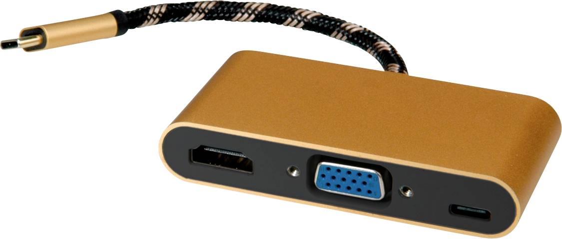 Ein Adapter mit einem VGA-Anschluss, einem HDMI-Anschluss und einem USB-C-Anschluss. Verbindet verschiedene Geräte mit einem Display.