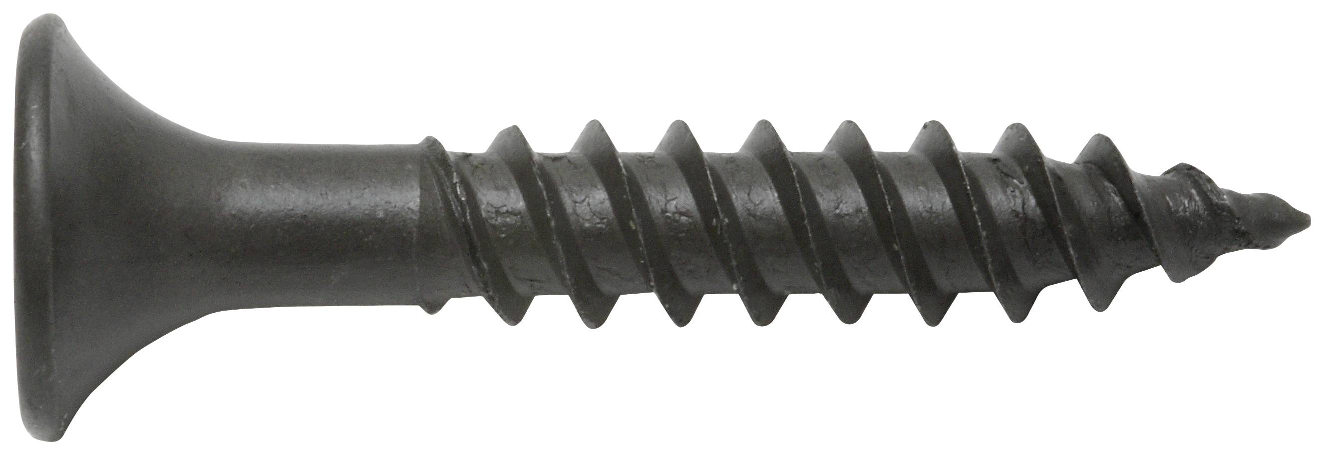 Ein schwarzer Metallschraube mit flachem Kopf und scharfem Gewinde, geeignet für Holz- oder Metallanwendungen.