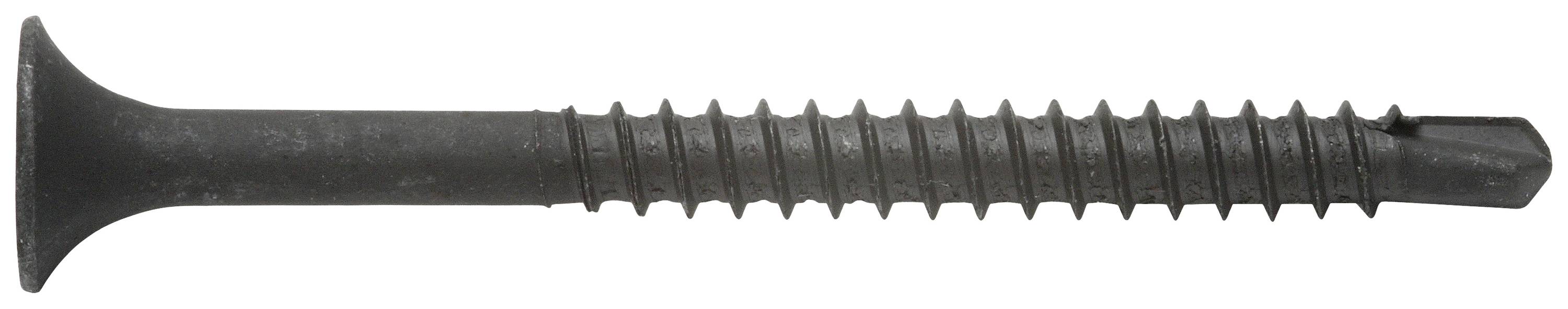 Ein langer schwarzer Schraubanker mit geriffeltem Schaft. Links ein flacher Kopf, rechts eine Führungsspitze.
