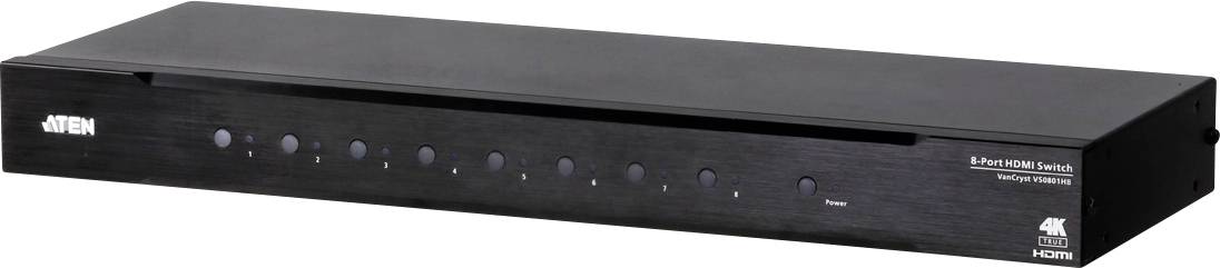 Schwarzer HDMI-Switch mit neun Bedienknöpfen und weißen Markierungen. Eignet sich zur Verwaltung mehrerer Bildschirm- und Audioverbindungen.