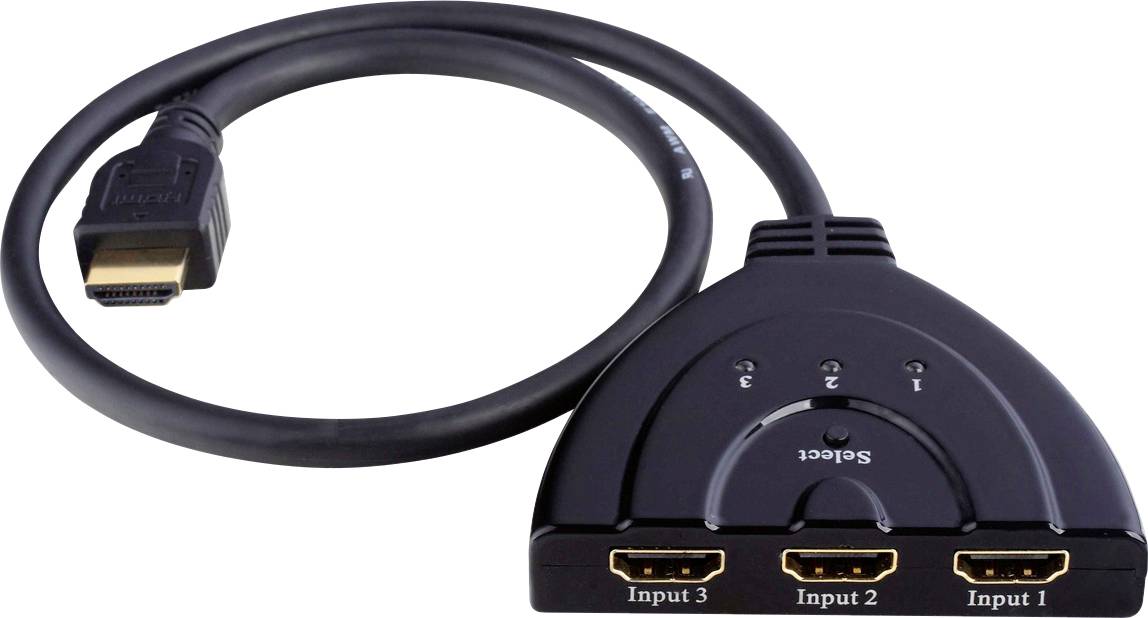 Dreifach-HDMI-Umschalter mit Kabel; Anschlüsse für drei Eingabegeräte; Umschaltknopf für Eingangsquelle; schwarzes Design.