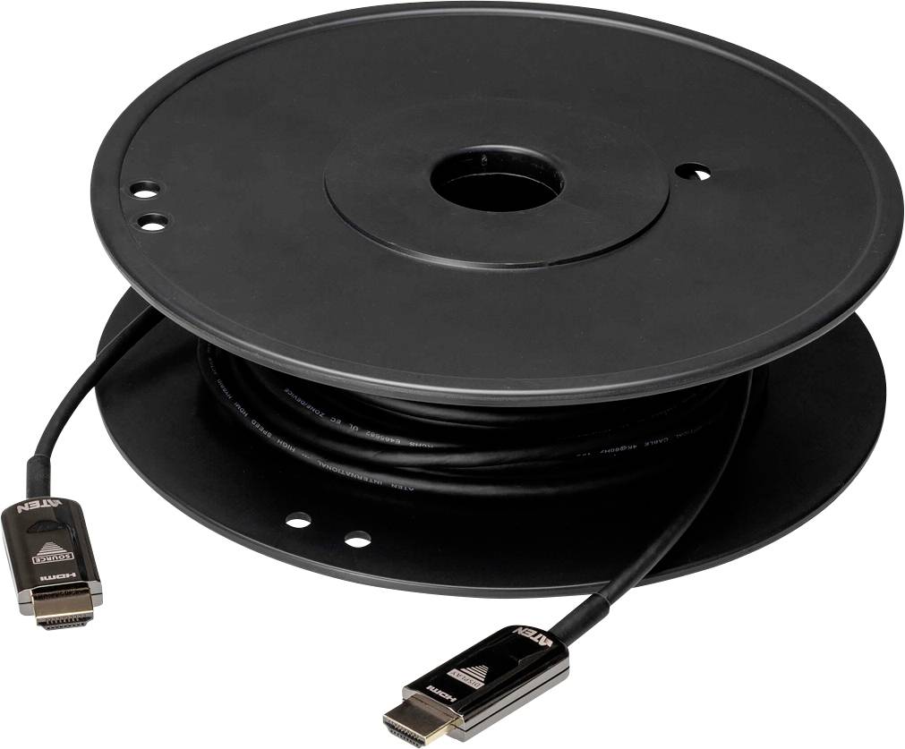 Eine schwarze Kabelspule mit aufgewickeltem HDMI-Kabel und zwei Steckerenden sichtbar.
