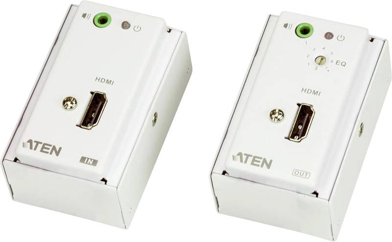 Zwei weiße HDMI-Wandplattenadapter mit ATEN-Logo. Links 'IN'-Anschluss, rechts 'OUT'-Anschluss. Beide mit metallischer Fassung.