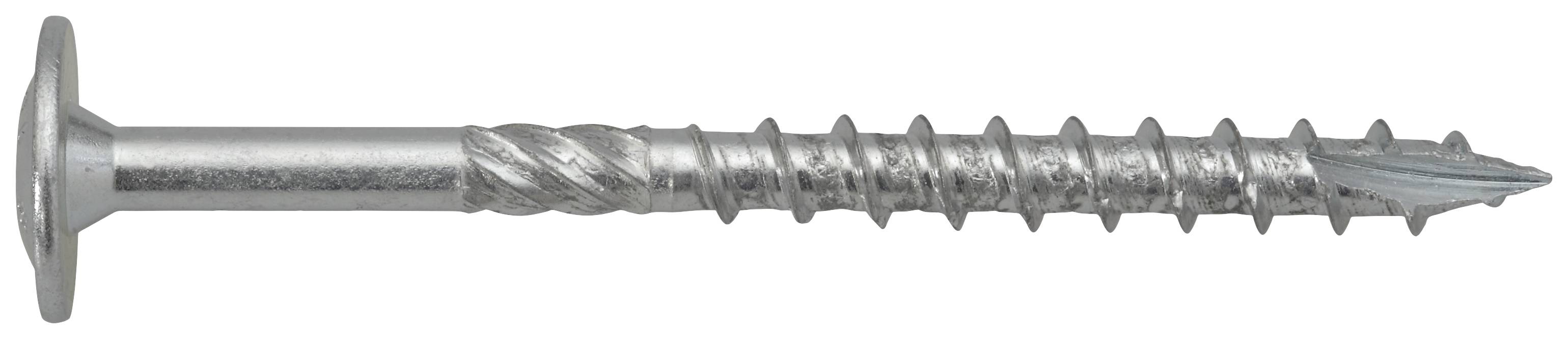 Metallschraube mit spiraligem Gewinde und flachem Kopf, horizontal ausgerichtet.