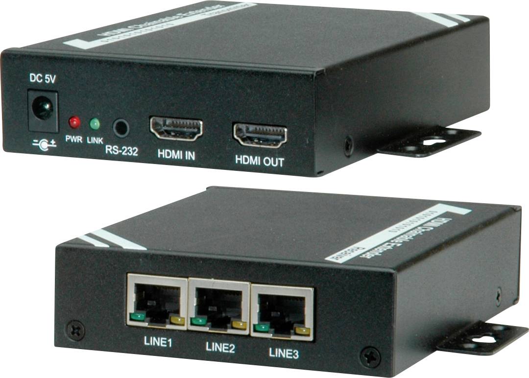 Schwarzes HDMI-Verteilergerät mit Anschlüssen: DC 5V, RS-232, HDMI In, HDMI Out, und drei LAN-Ports bezeichnet als Line 1, 2, 3.