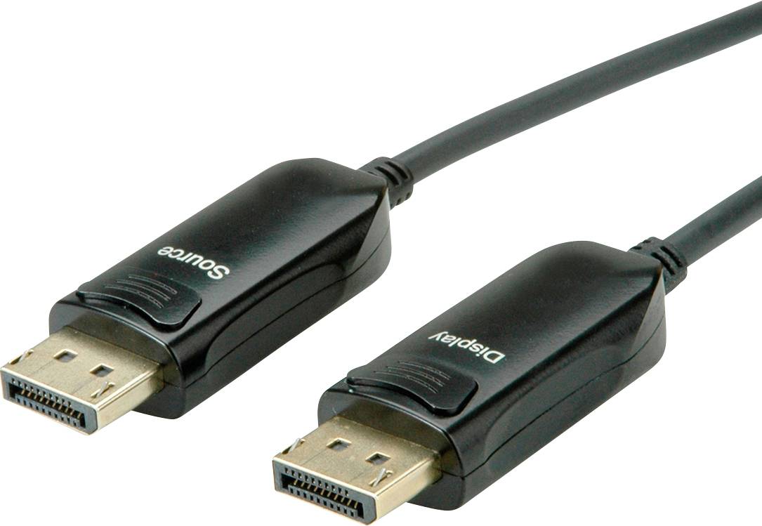 Zwei schwarze DisplayPort-Kabel mit rechteckigen Steckern und Aufschriften 'Source' und 'Display', für Video- und Audioübertragung.