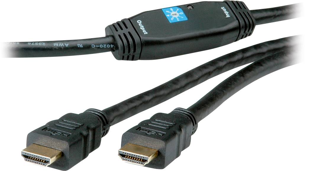 HDMI-Kabel mit integriertem Verstärker, geeignet für HD-Übertragungen. Zwei HDMI-Stecker und ein Verstärkergehäuse sind zu sehen.