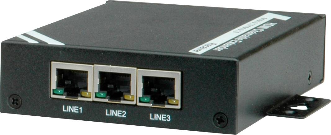 Ein schwarzes Netzwerkgerät mit drei Ethernet-Ports, beschriftet als 'LINE1', 'LINE2' und 'LINE3'. Links oben befinden sich Markierungslinien.