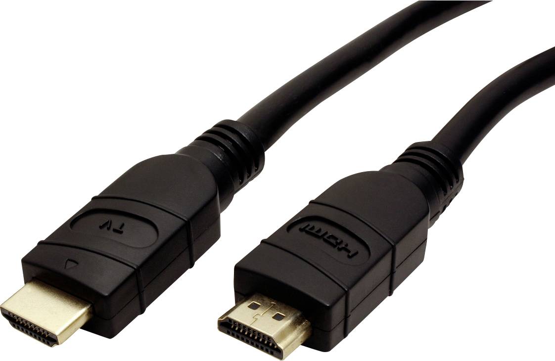 Zwei schwarze HDMI-Kabelanschlüsse, einer mit Beschriftung 'TV', der andere 'HDMI'. Sie sind für audiovisuelle Verbindungen ausgelegt.