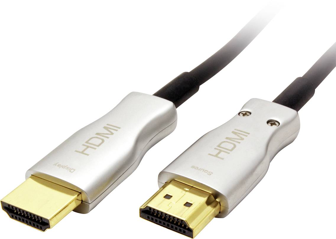 Zwei silberne HDMI-Kabel mit goldenen Anschlüssen. Links liegt das Kabel nach unten, rechts nach oben. Sie sind zur Datenübertragung gedacht.