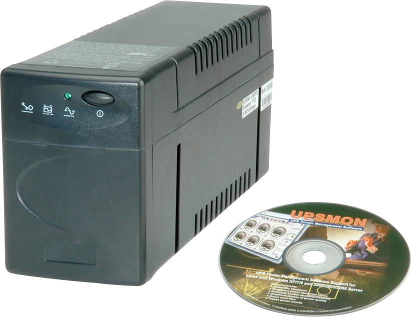 USV-Gerät neben einer Software-CD. USV bietet Schutz vor Stromausfällen und Spannungsspitzen, CD enthält Managementsoftware.