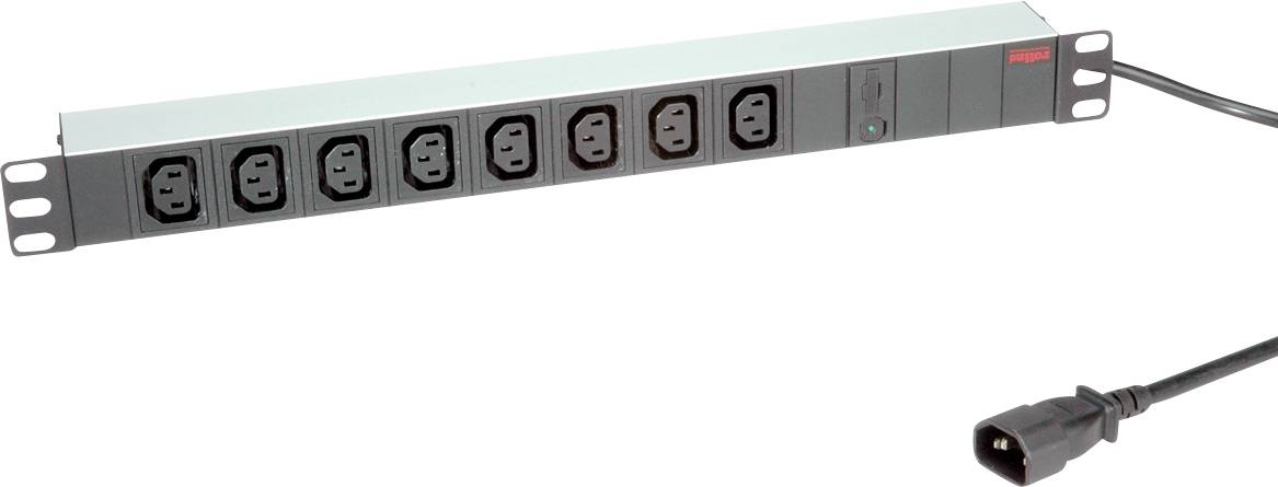 Stromverteilerleiste mit acht Steckdosen und einem Netzkabel, geeignet für die Montage in einem Netzwerkschrank oder Server-Rack.