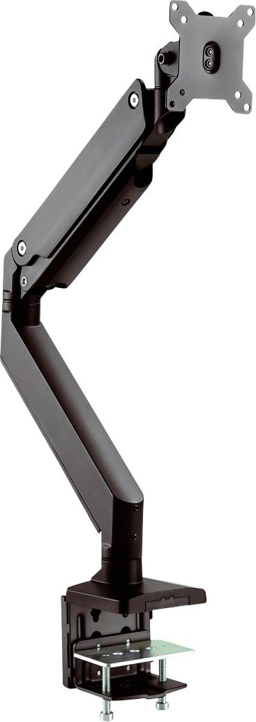 Schwarzes Monitorarmgestell aus Metall, flexibel verstellbar, mit Klemmbasis zur Befestigung an einem Schreibtisch.