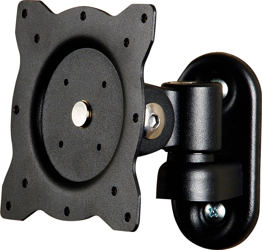 Schwarze Monitorhalterung mit VESA-Montagemuster. Drehbar, schwenkbar und neigbar, geeignet für Wandmontage von Flachbildschirmen.