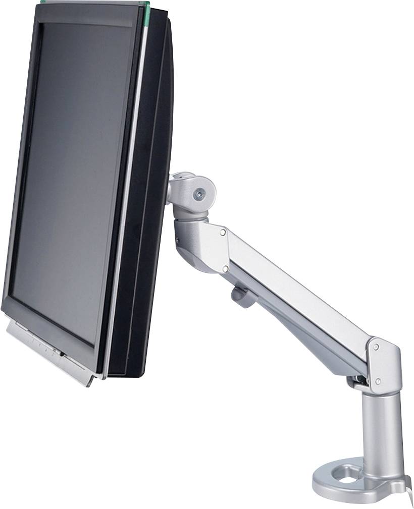 Ein Computermonitor ist an einem flexiblen, silbernen Schwenkarm befestigt, der auf einem Tisch montiert ist.